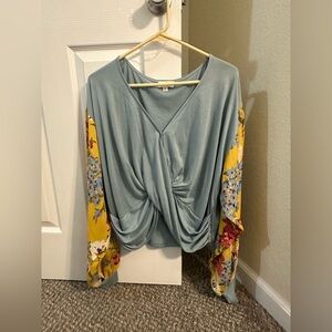 Women’s Twist-Front Floral Sleeve Top - Sage and Yellow